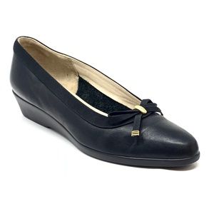 Bally Belle Black Italian Leather Bow Low Wedges